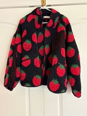 Strawberry Print Sherpa Jacket - Navy & Red